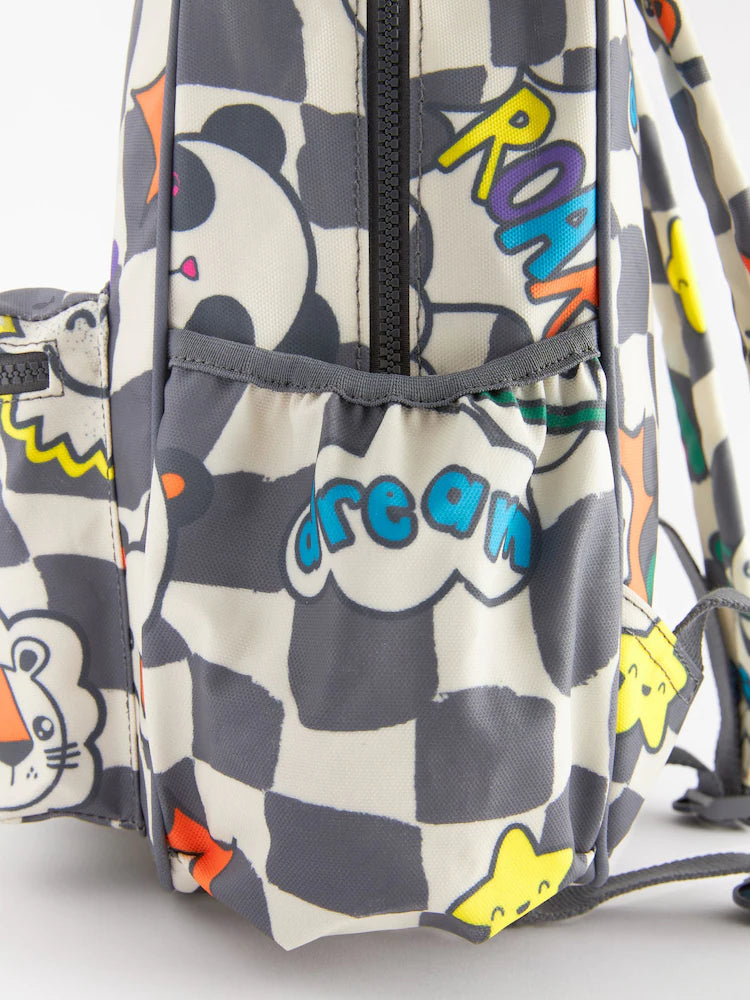 Checkered backpacks with smiley face motifs
