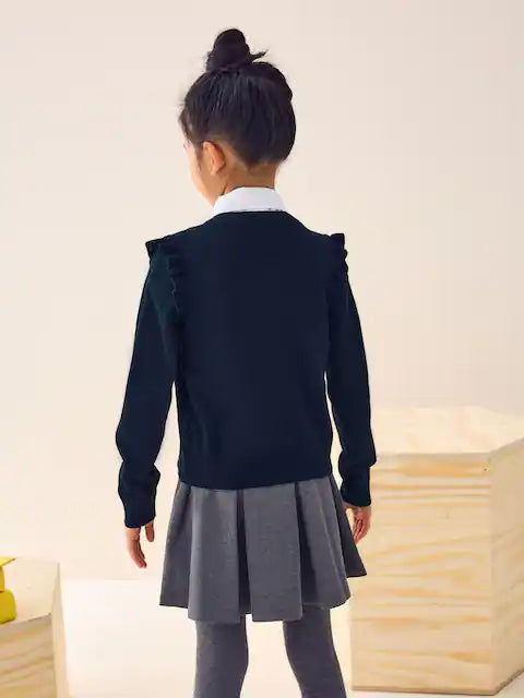 Navy blue/blue - School cardigan with high cotton content and ruffles at the shoulder