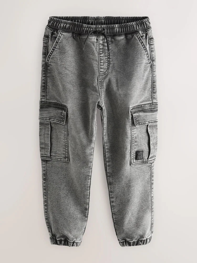 Grey jeans with cargo pockets and elastic waistband (3 to 16 years)