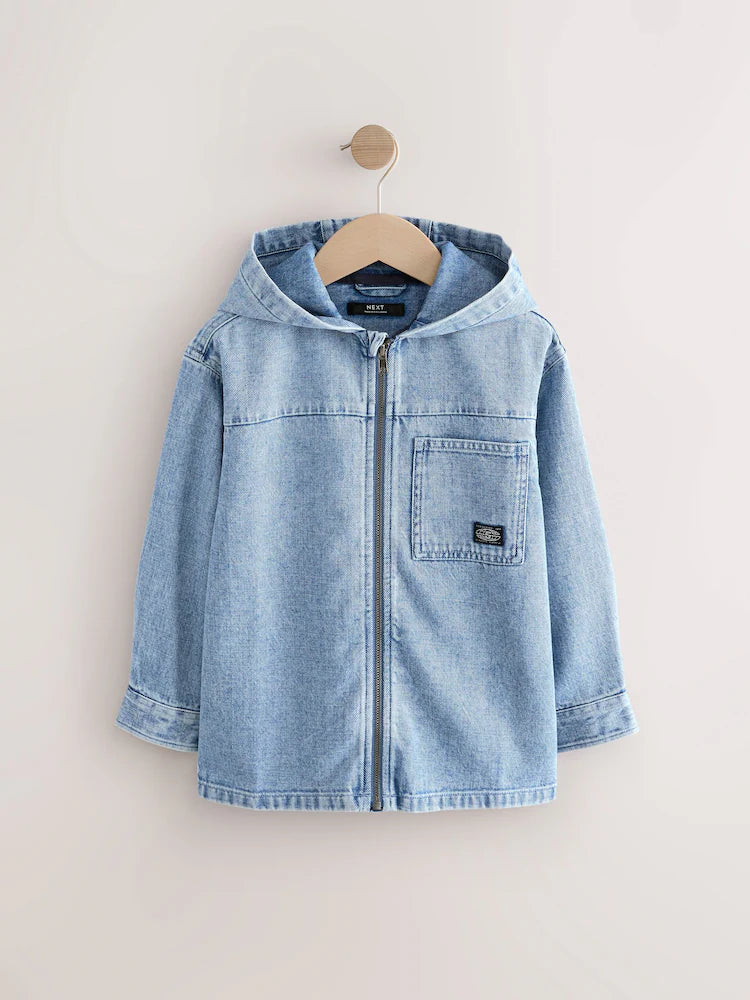Light denim wash - 100% cotton overshirt with full zip hoodie (3-16 years)