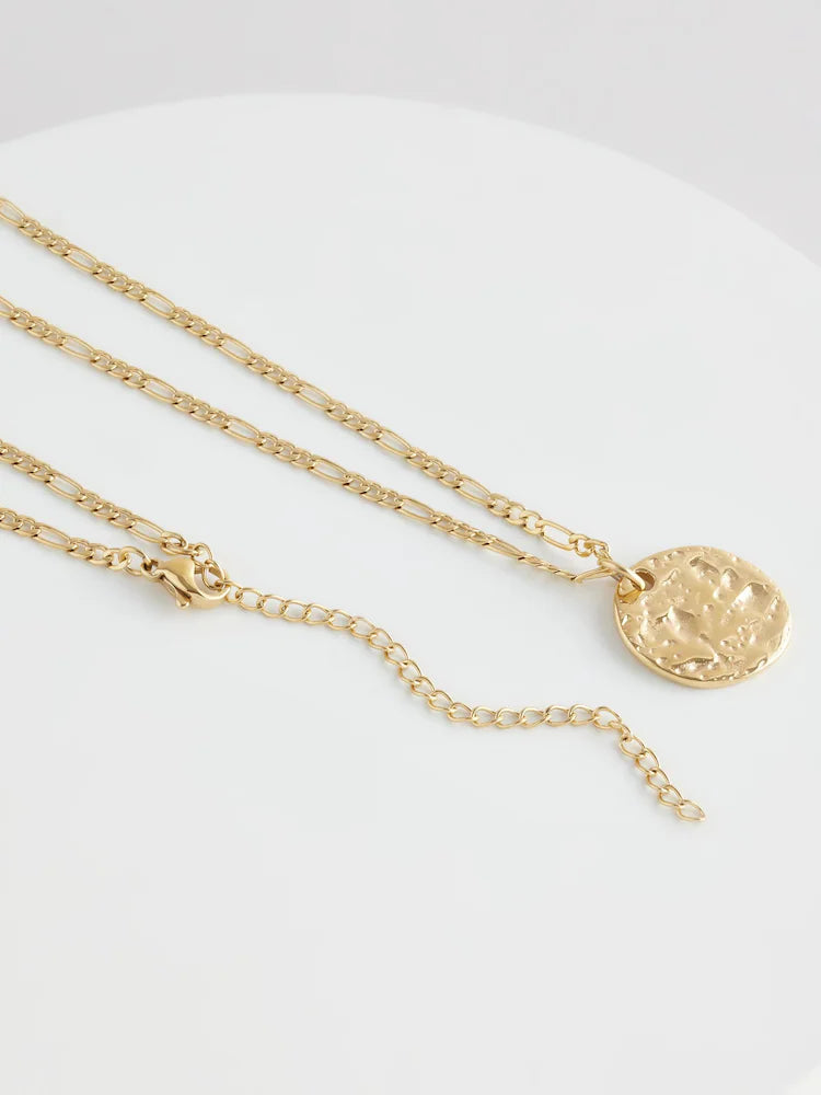 Gold-colored - Waterproof necklace with hammered stainless steel disc pendant
