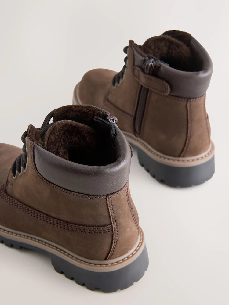 Chocolate brown leather work boots with laces