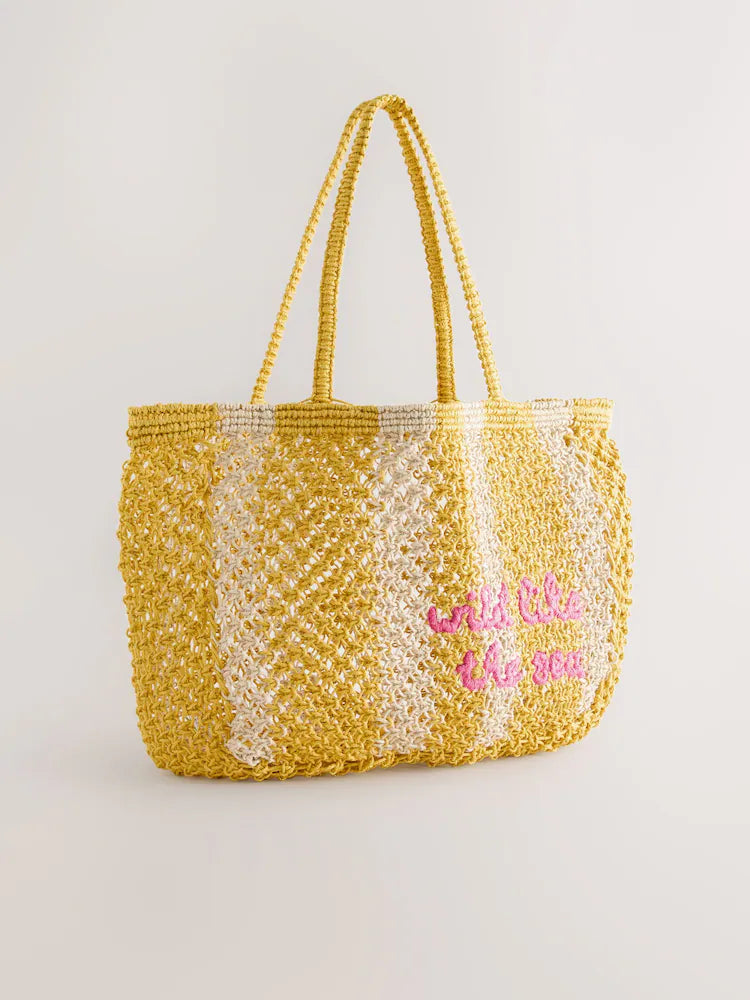Yellow - Shoulder bag with crochet stripe design