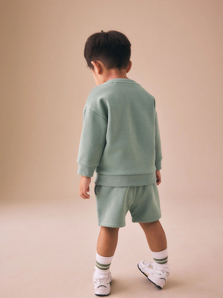 Sage Green - Solid Color Crew Neck Sweatshirt and Shorts Set (3 Months–7 Years)