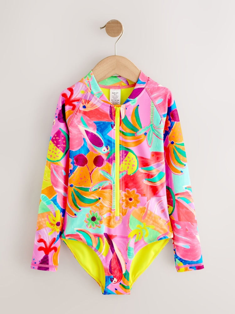 Tropical-Orange - Langarm-Sonnenschutz-Badeanzug (3Monate–16Jahre)