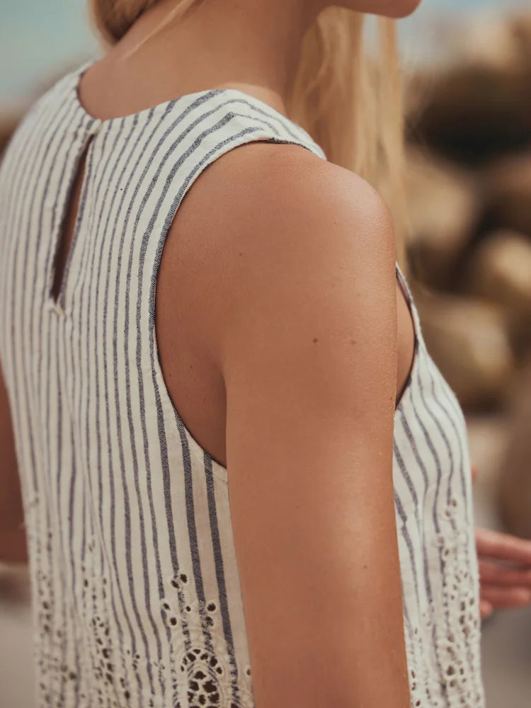 Blue/White - Striped Eyelet Embroidery Shell Top