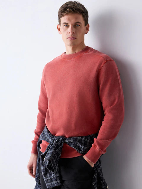Red - Garment-wash boxy fit sweatshirt with waffle texture and crew neck
