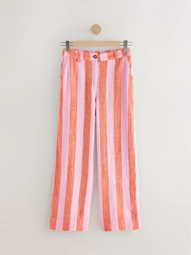 Streifen in Pink/Orange - Elegante Smart Front Leinen-Blend Hosen mit Weitem Bein