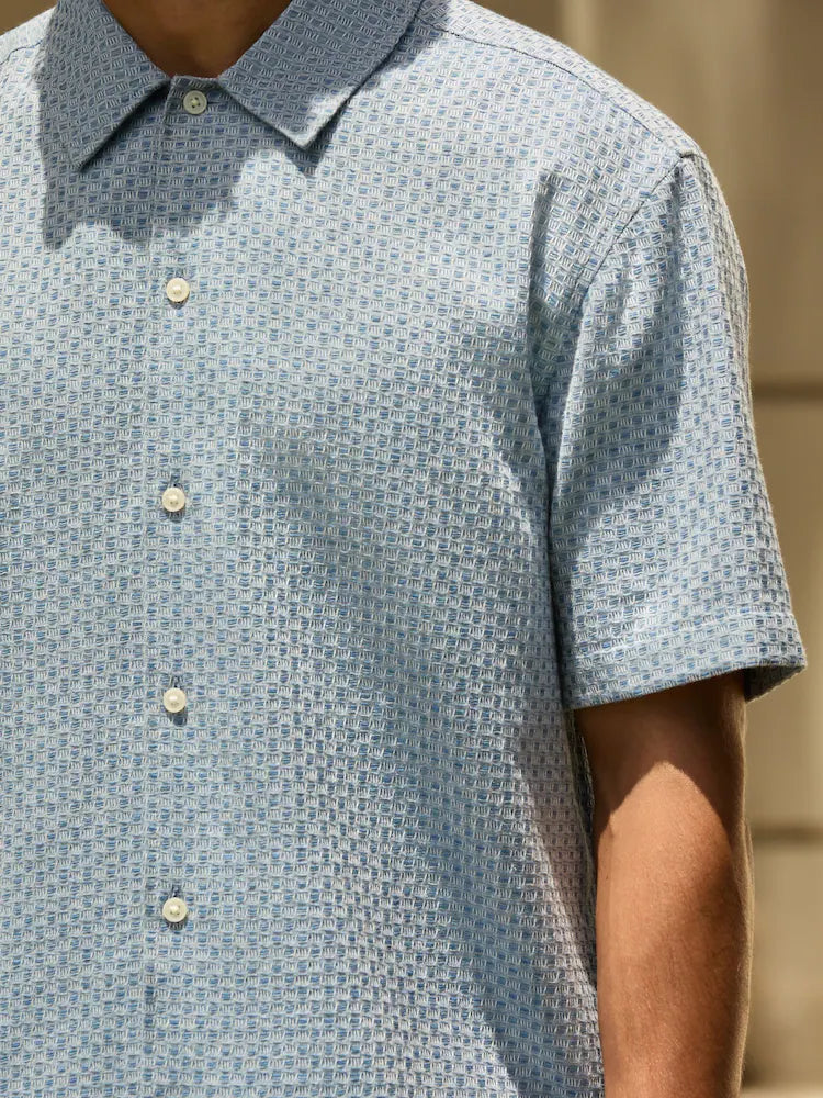 Blue - Short-sleeved shirt with waffle texture