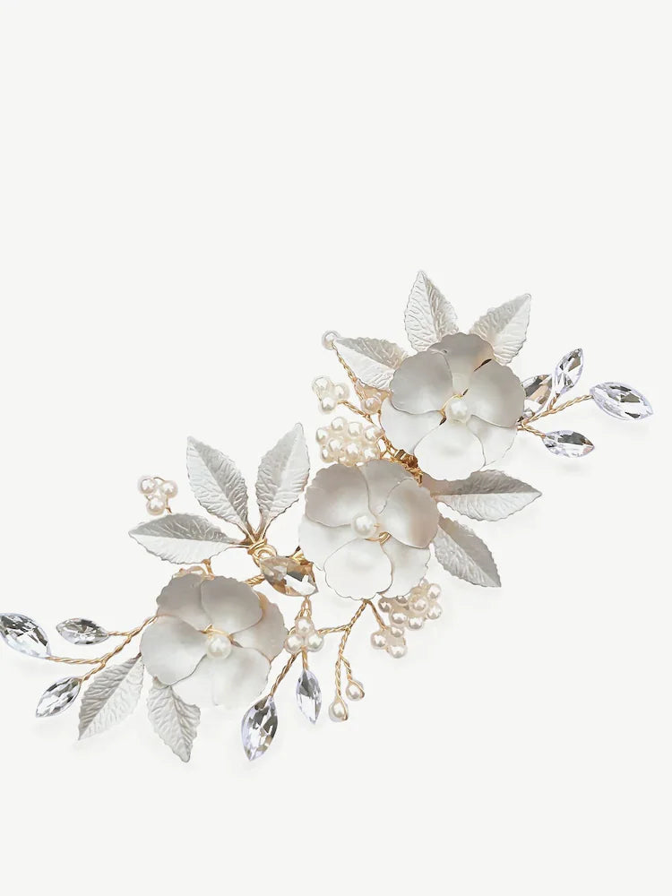 Gold - Ivory & Co Gardenia Enamel Flower Clip with Crystal and Pearl