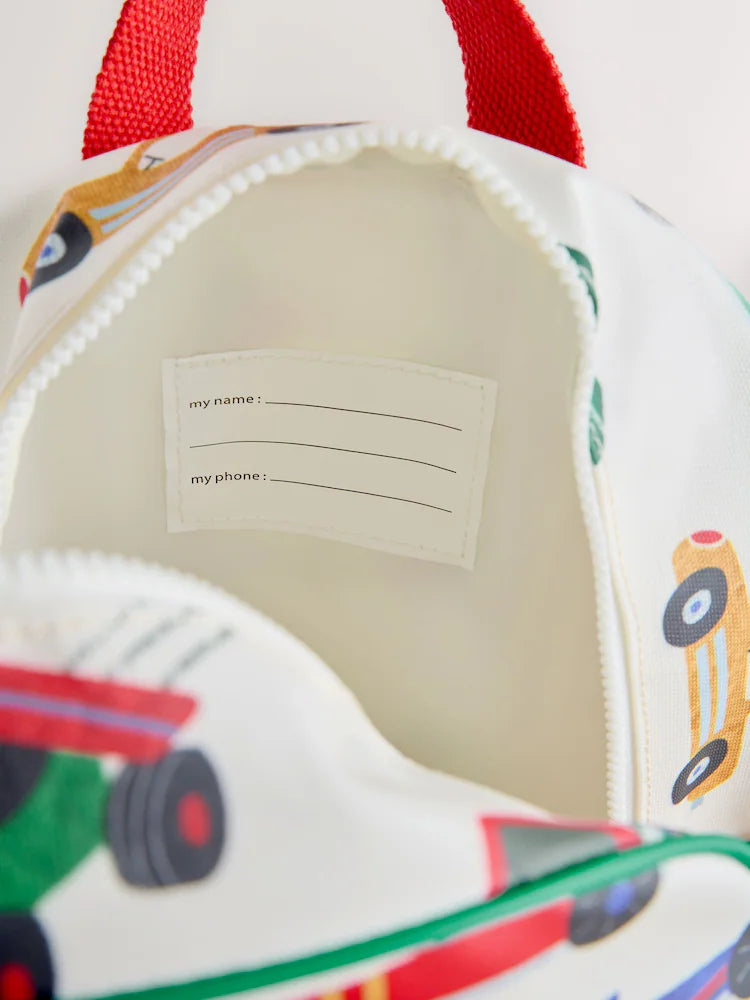 Ecru and white clothing with an all-over car print - backpacks