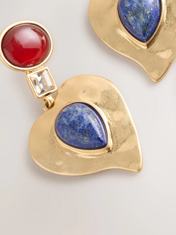 Gold colored - Hammered Resin Heart Drop Earrings