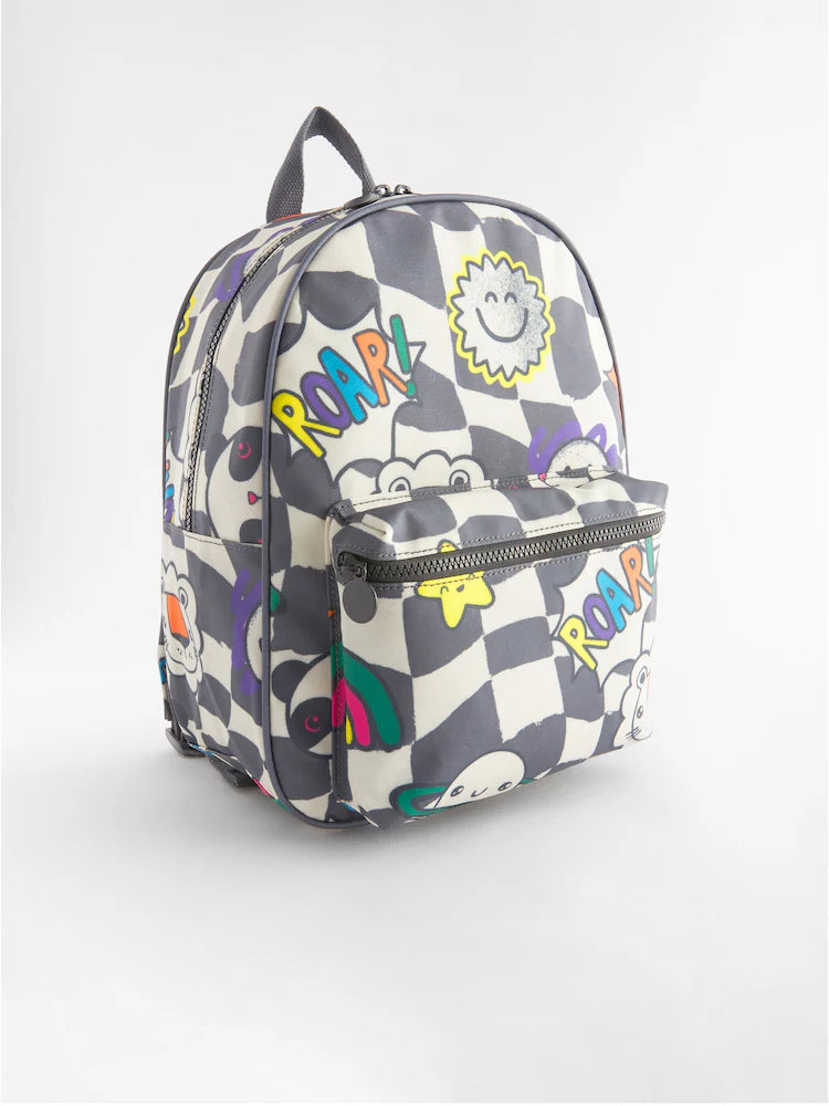 Checkered backpacks with smiley face motifs
