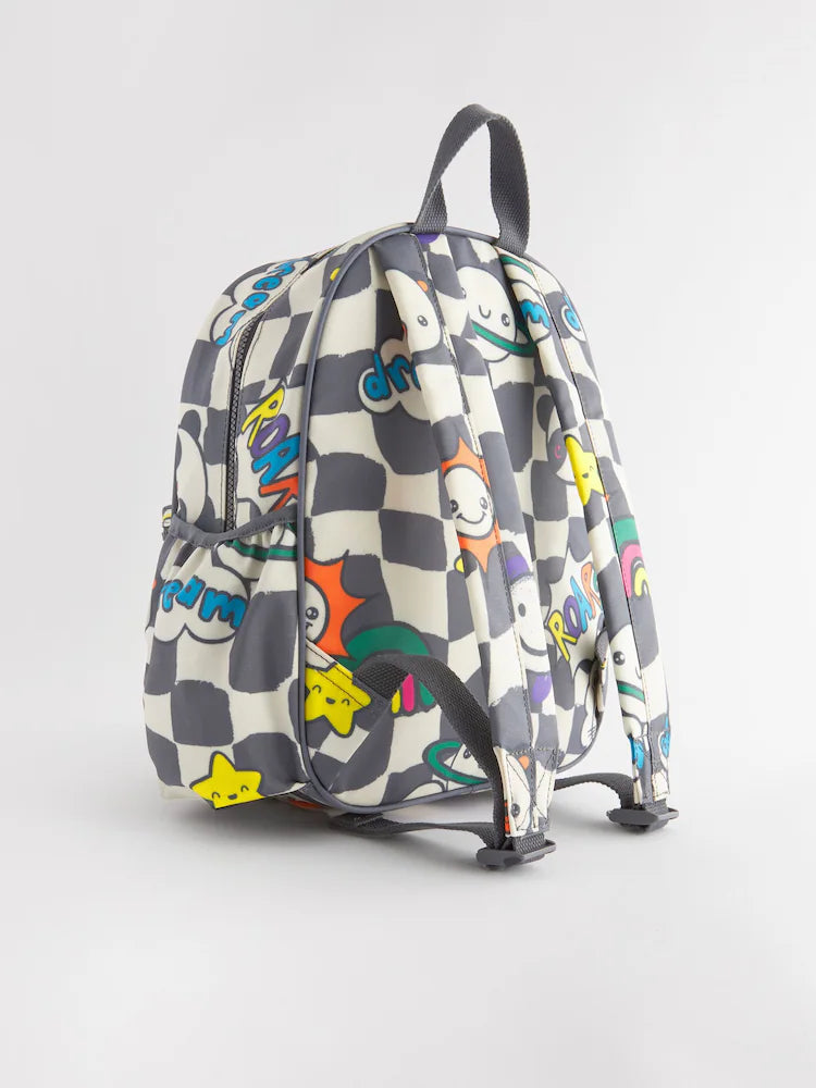 Checkered backpacks with smiley face motifs