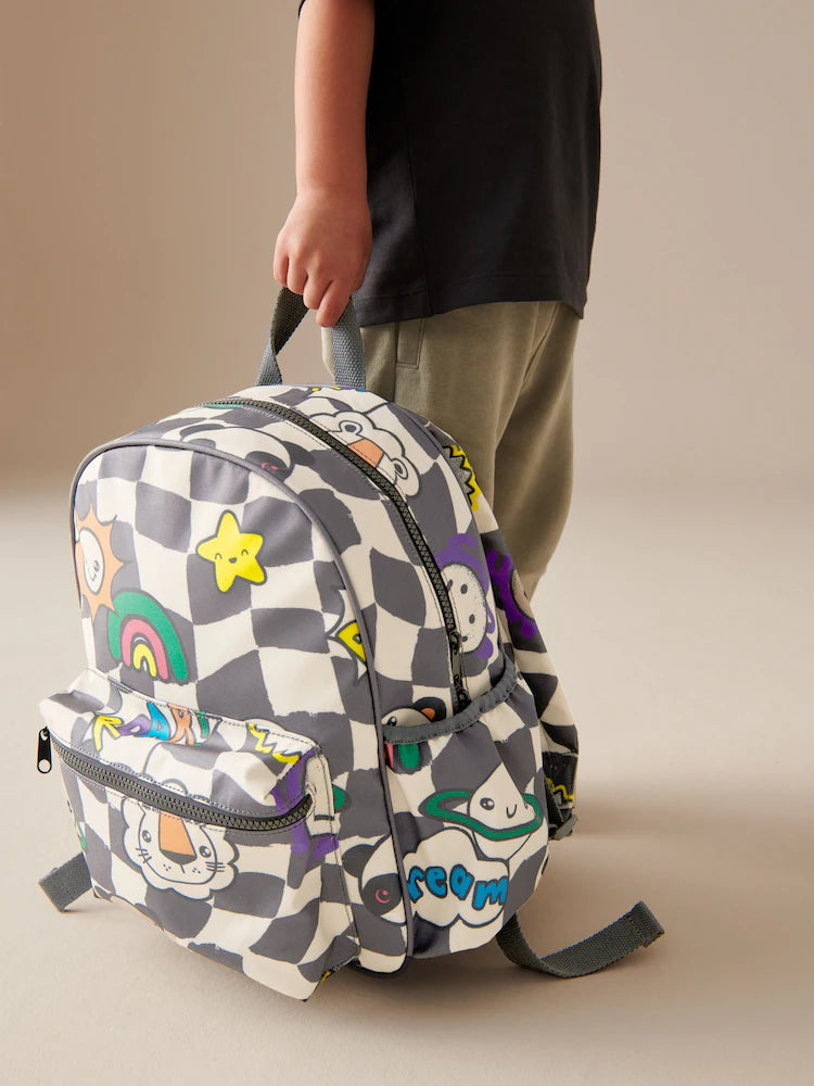 Checkered backpacks with smiley face motifs