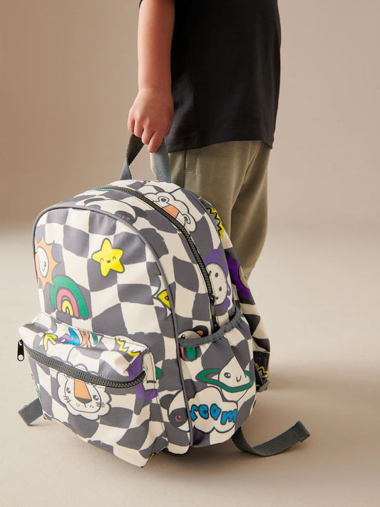 Checkered backpacks with smiley face motifs
