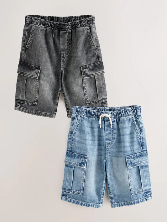 Grey/Medium Blue - Denim Cargo Shorts made from 100% Cotton, 2-Pack (Ages 3-16)