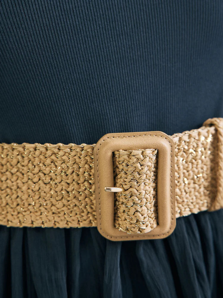 Natural/Gold - Wide belt with raffia effect