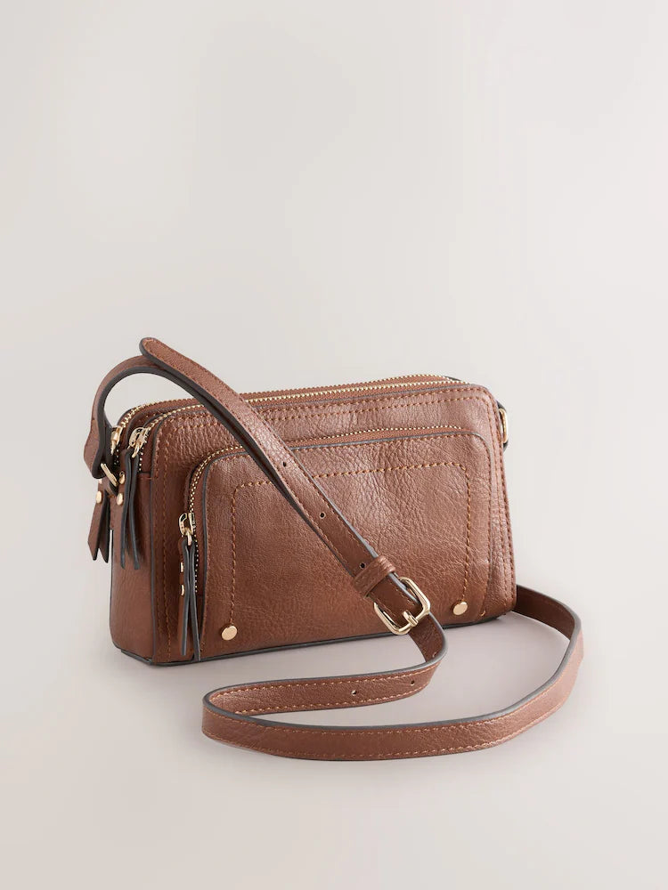 Light brown - shoulder bag with double zipper
