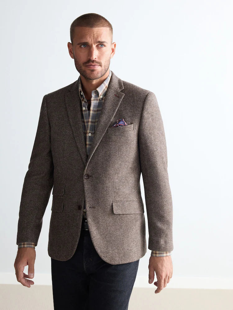 Taupe/Brown - Regular Fit - Signature Nova Fides Wool Blend Herringbone Blazer