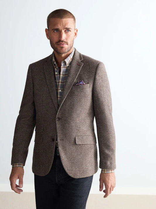 Taupe/Brown - Regular Fit - Signature Nova Fides Wool Blend Herringbone Blazer