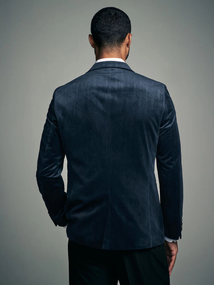 Marineblau/Geometrisches Muster - Schmale Passform - Gemusterter Blazer aus Samt
