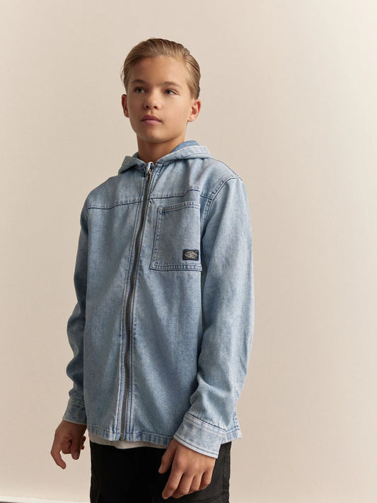 Light denim wash - 100% cotton overshirt with full zip hoodie (3-16 years)