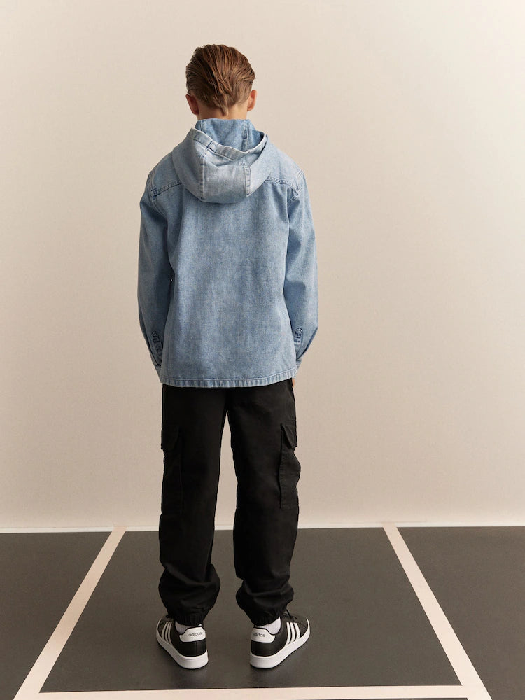 Light denim wash - 100% cotton overshirt with full zip hoodie (3-16 years)