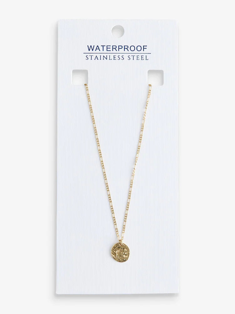 Gold-colored - Waterproof necklace with hammered stainless steel disc pendant