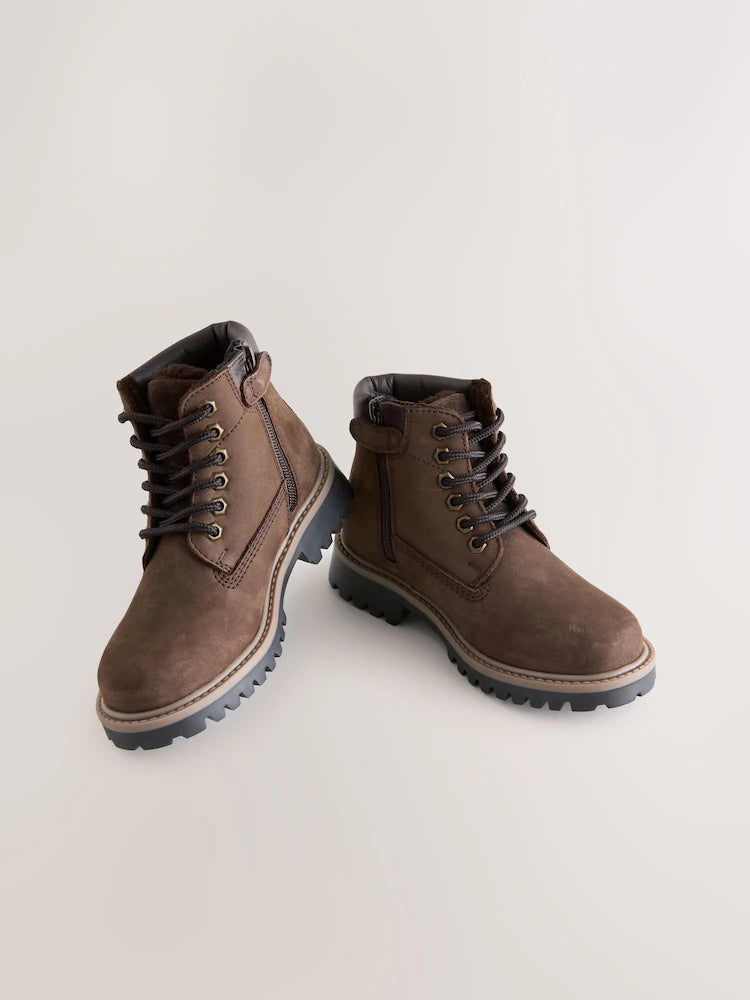 Chocolate brown leather work boots with laces