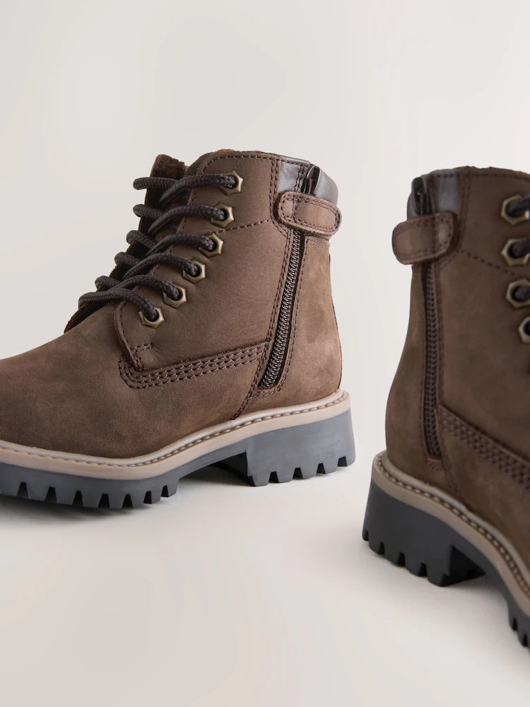 Chocolate brown leather work boots with laces