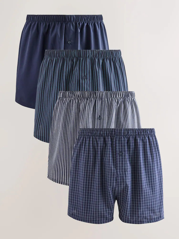 Navy/Blue - Pack of 4 - Woven 100% Cotton Boxers