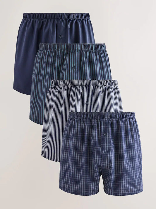 Navy/Blue - Pack of 4 - Woven 100% Cotton Boxers