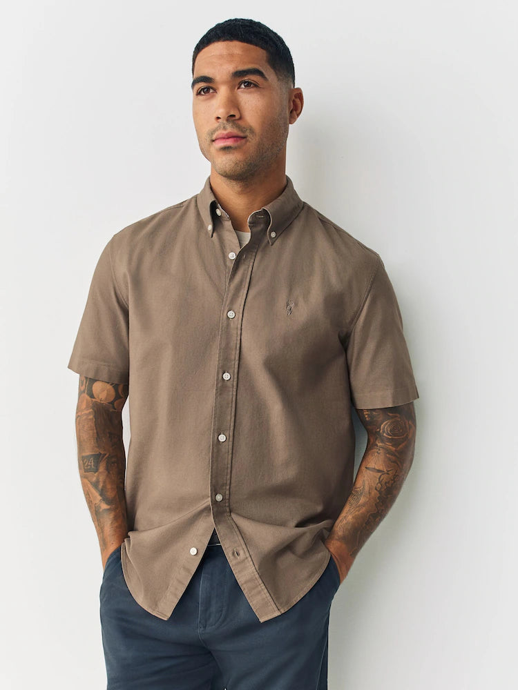 Stone/Natural - Regular Fit - Short-Sleeved Oxford Shirt