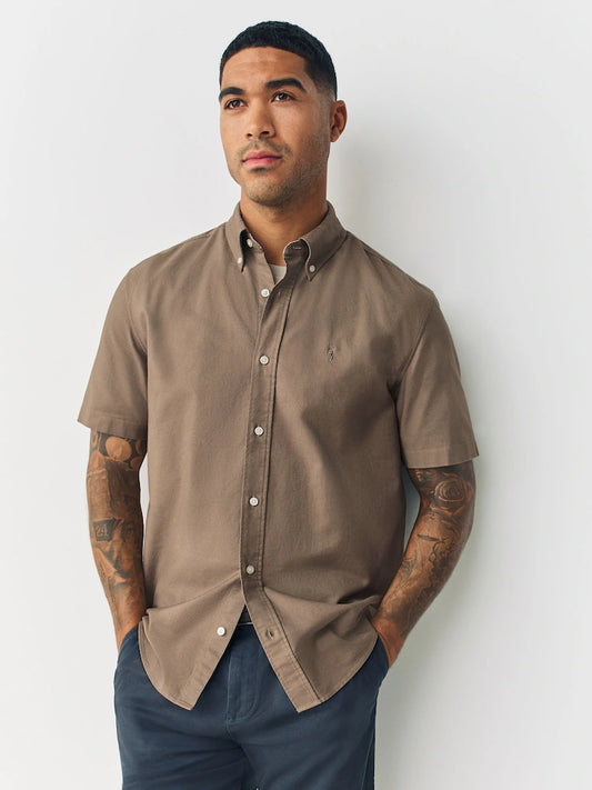 Stone/Natural - Regular Fit - Short-Sleeved Oxford Shirt