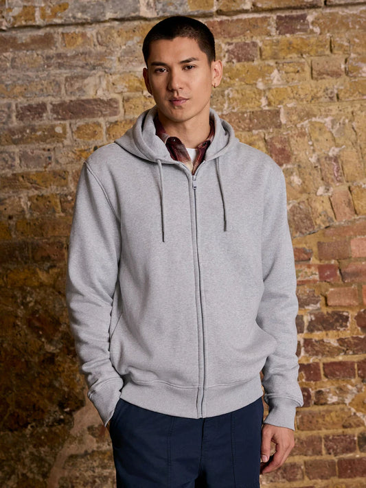 Heather grey jersey hoodie made of heavy cotton fabric with a full-length zipper