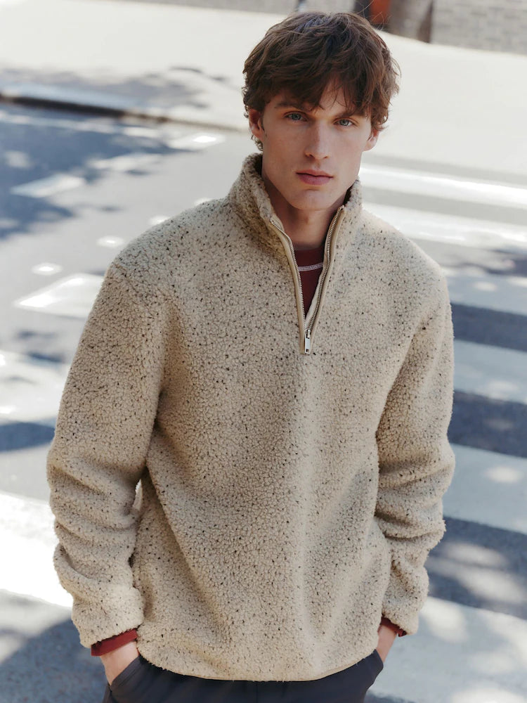 Ecru nubbed - Borg fleece with quarter zipper and stand-up collar