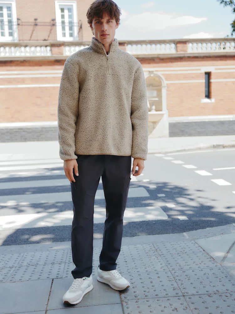 Ecru nubbed - Borg fleece with quarter zipper and stand-up collar