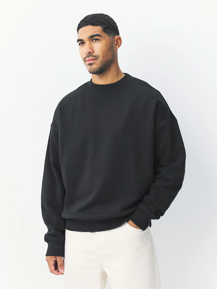 Black - Oversized - Heavyweight sweatshirt with a round neck and high cotton