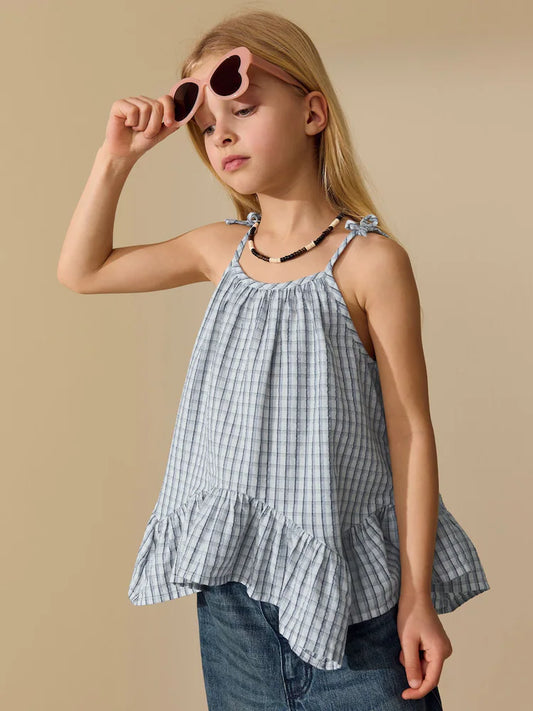 Blue plaid - Strappy Dippy Hem Blouse