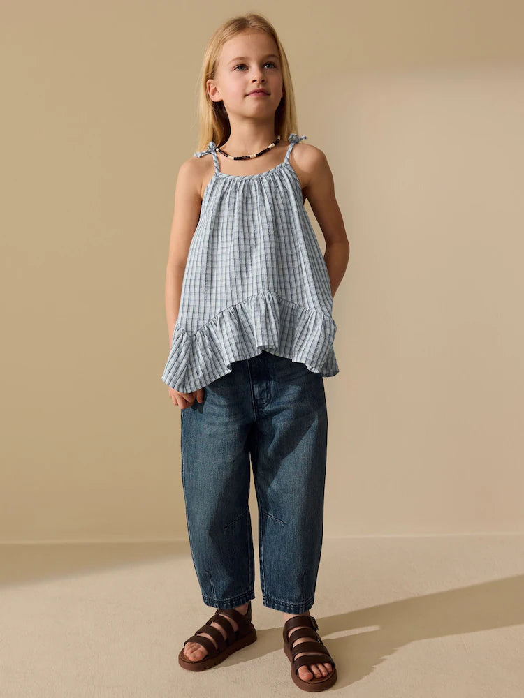 Blue plaid - Strappy Dippy Hem Blouse