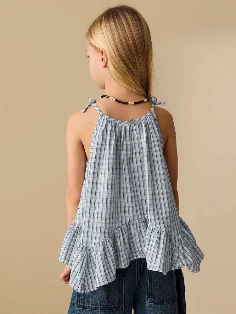 Blue plaid - Strappy Dippy Hem Blouse