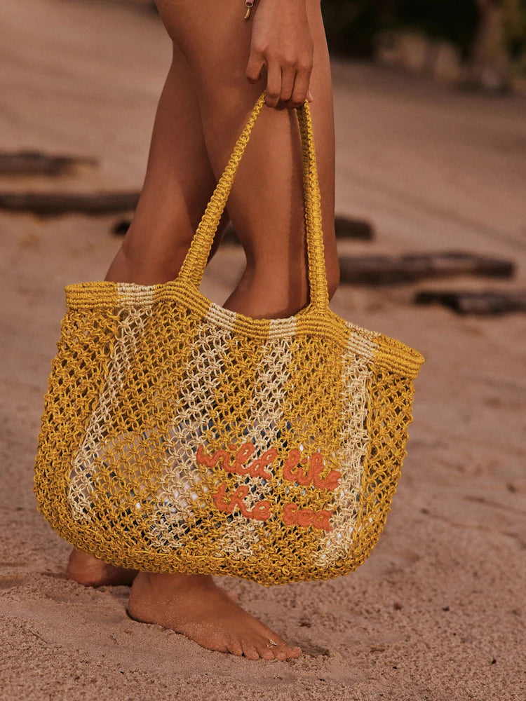 Yellow - Shoulder bag with crochet stripe design