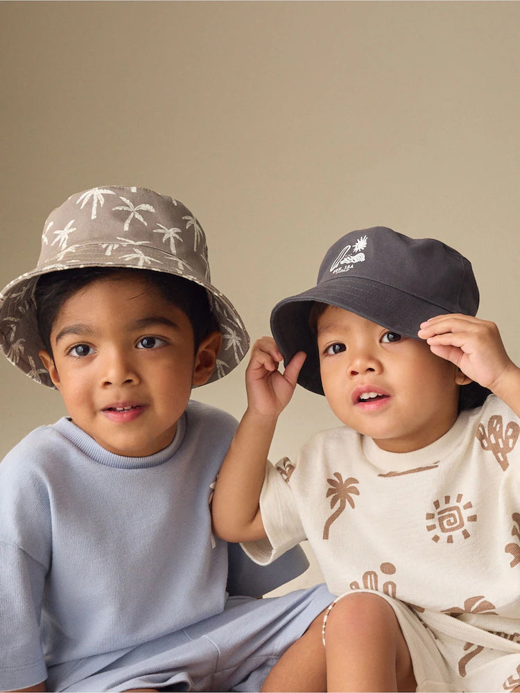 Black/tan with palm tree motif - 2-pack fisherman's hats