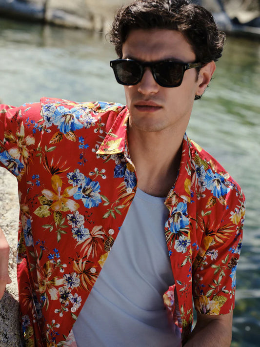 Red/Floral Relaxed Fit Print Short Sleeve Shirt
