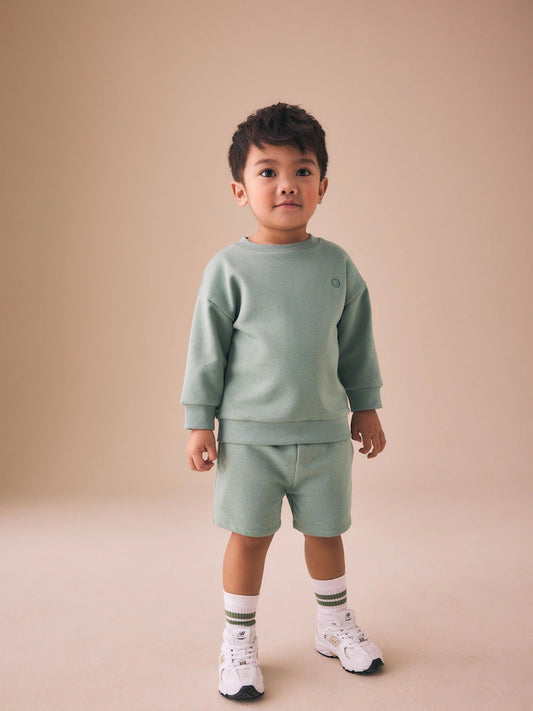 Sage Green - Solid Color Crew Neck Sweatshirt and Shorts Set (3 Months–7 Years)