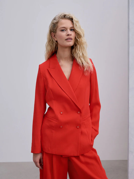 Red - Relaxed Double Breasted Crinkle Blazer