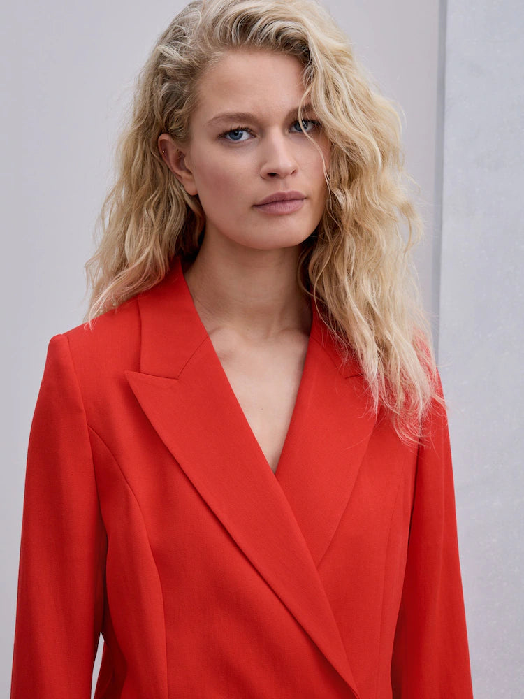 Red - Relaxed Double Breasted Crinkle Blazer
