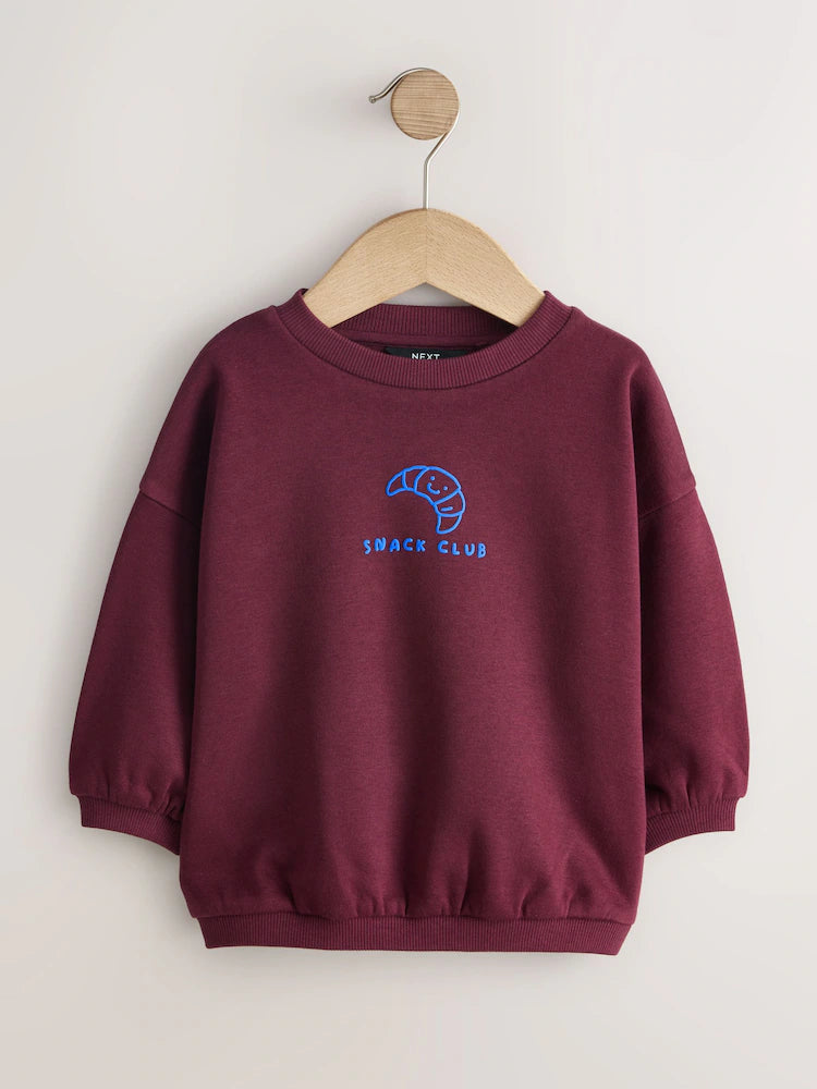 Burgundy Red Snack Club - Printed Crew Neck Sweat Top (3mths-7yrs)