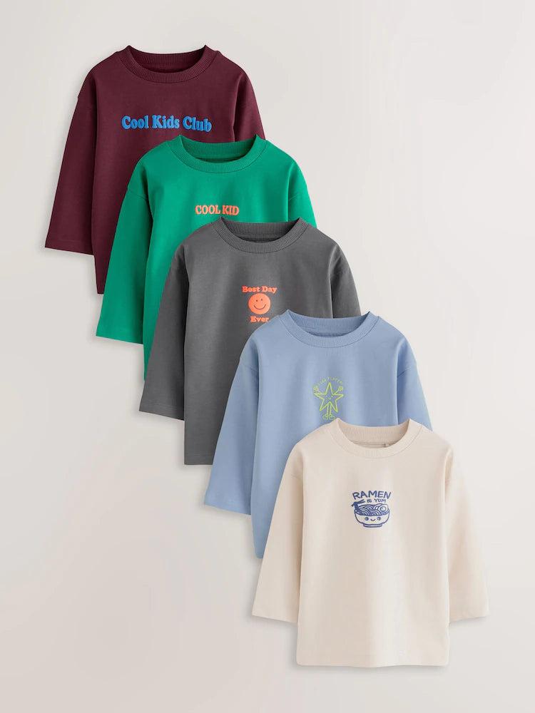 Multicolored Bright Funny Graphic Lettering - Long-Sleeved Shirts in a Pack of 5